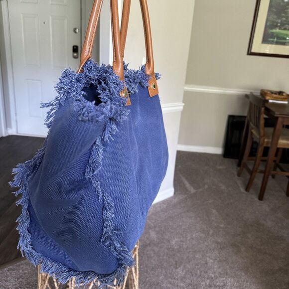 Melissa Odabash Cap Ferrat tote bag in navy blue cotton with leather handles - Picture 2 of 11